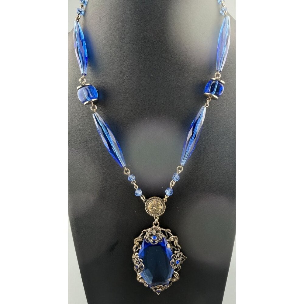 Vintage Victorian Necklace Blue Faceted Glass Pendant Glass Accents Providence